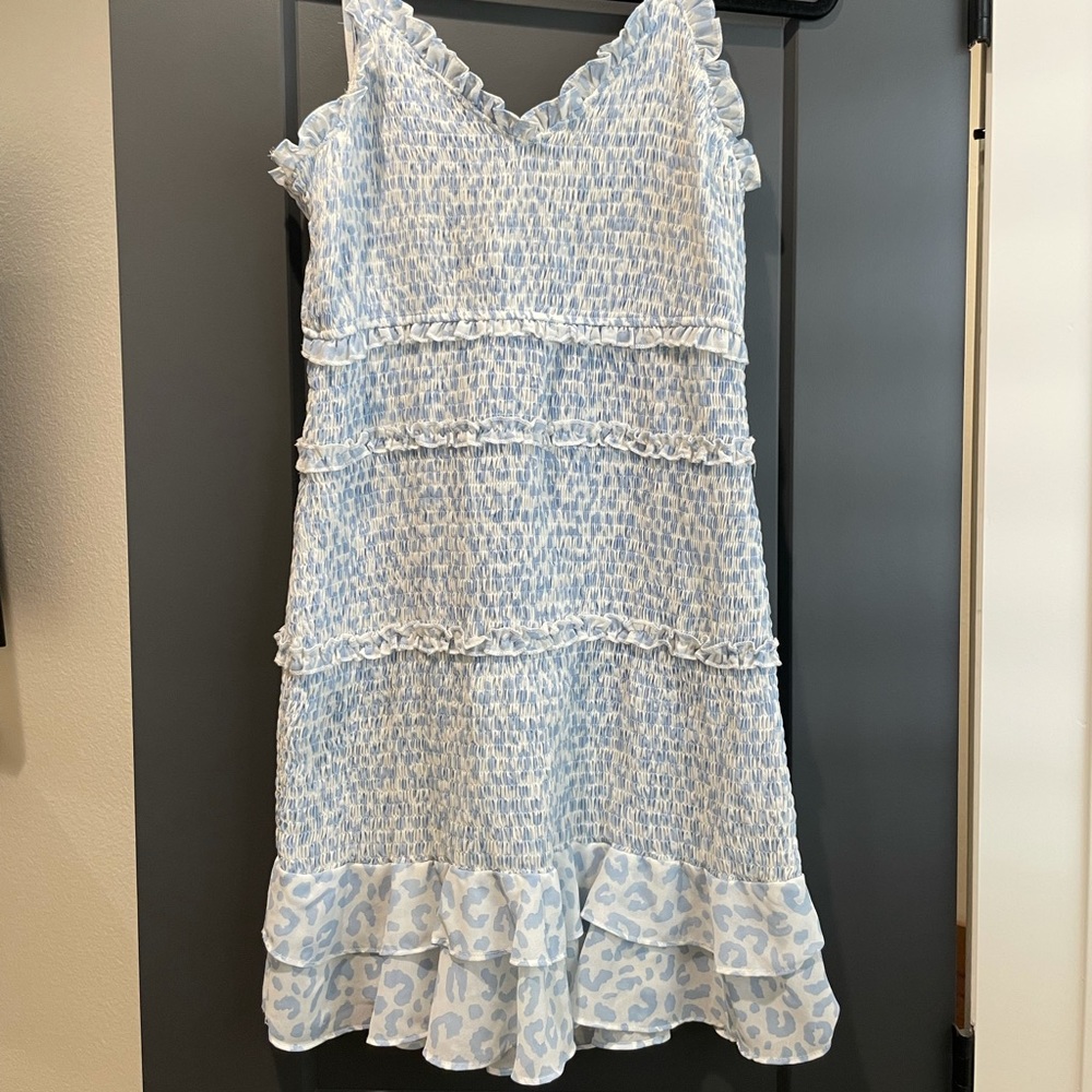 Strapped white and light blue cheetah dress with ruffles
